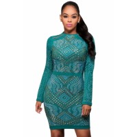 Blue Mini Jeweled Quilted Long Sleeves Dress